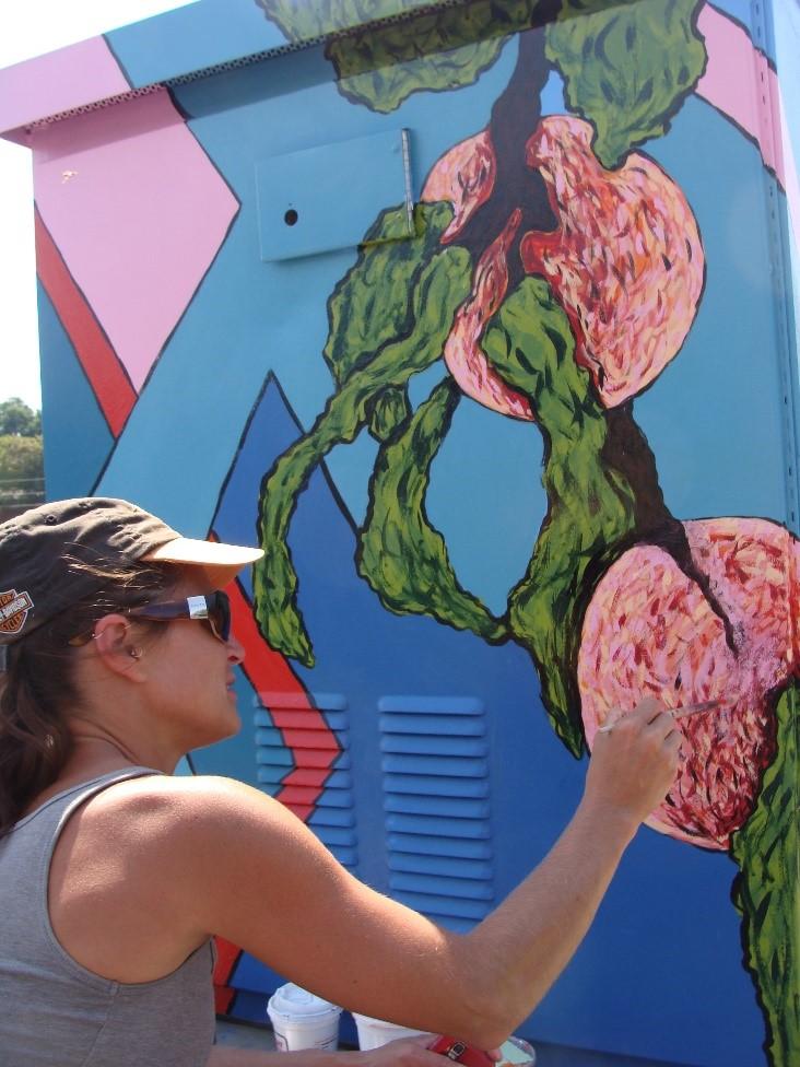 ‘Irondequoit Peaches’ painted by Courtney Gruttadaria (Cooper & Titus). Part of the Silver Box Project in Irondequoit, NY which transforms traffic signal control boxes into works of art.